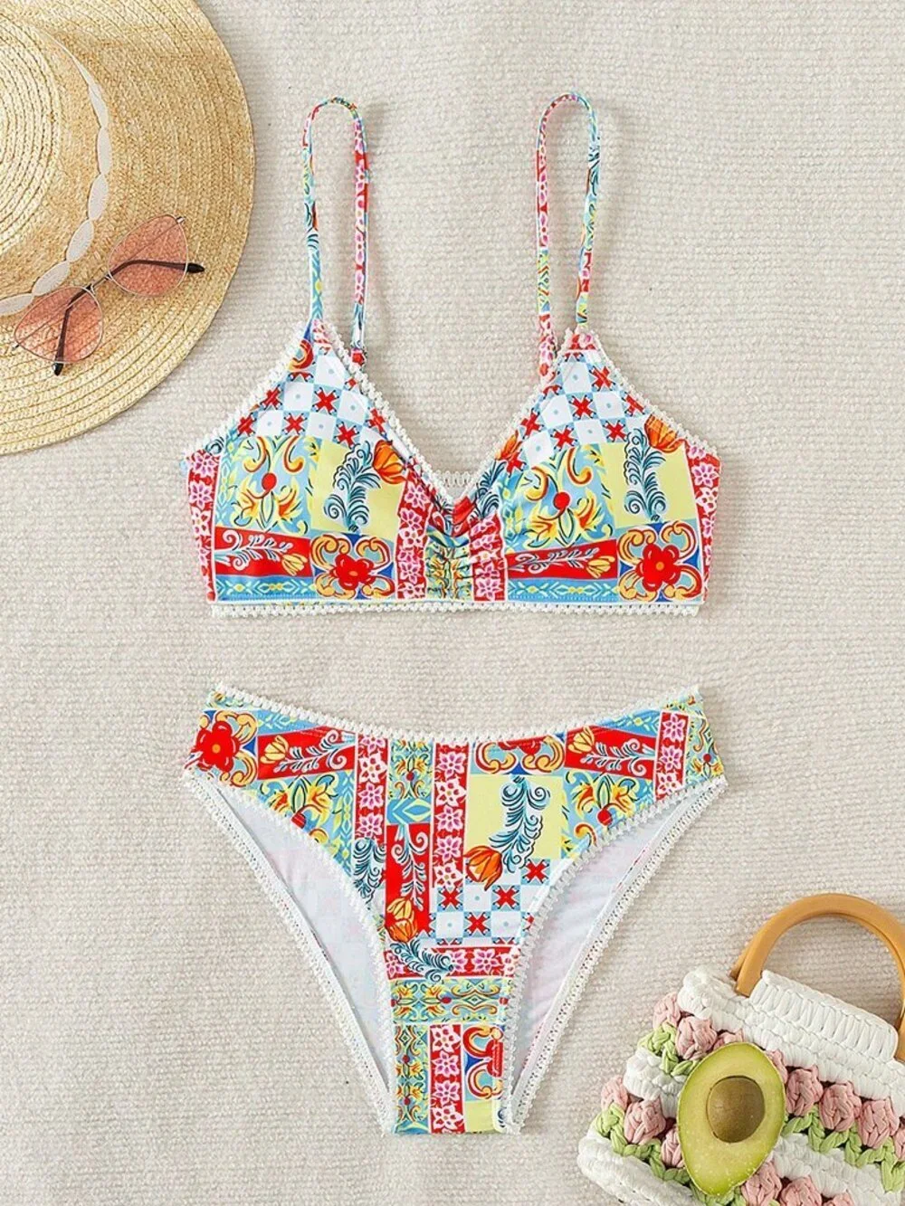 Multicolor Boho Women's Holiday Beach Allover Printed Spaghetti Bikini Set